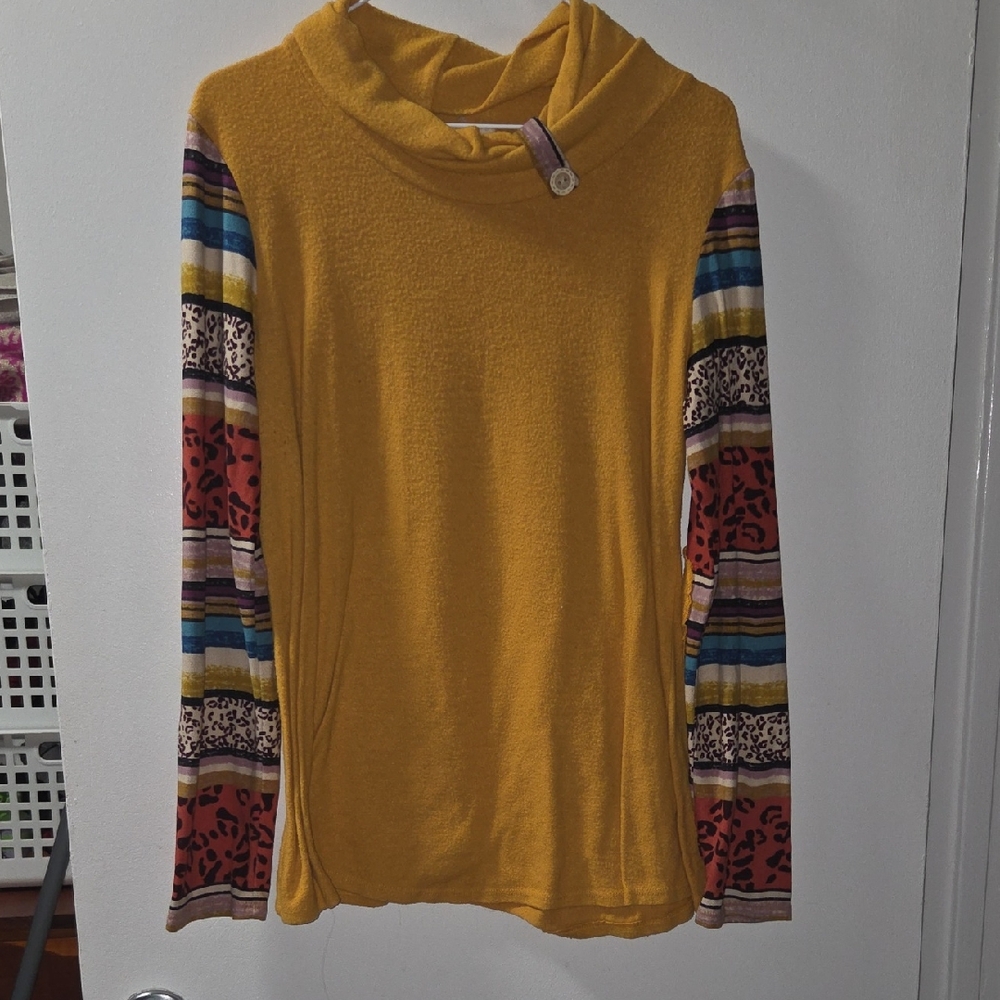 7th Ray Mustard Sweater with Multicolor Striped Sleeves
